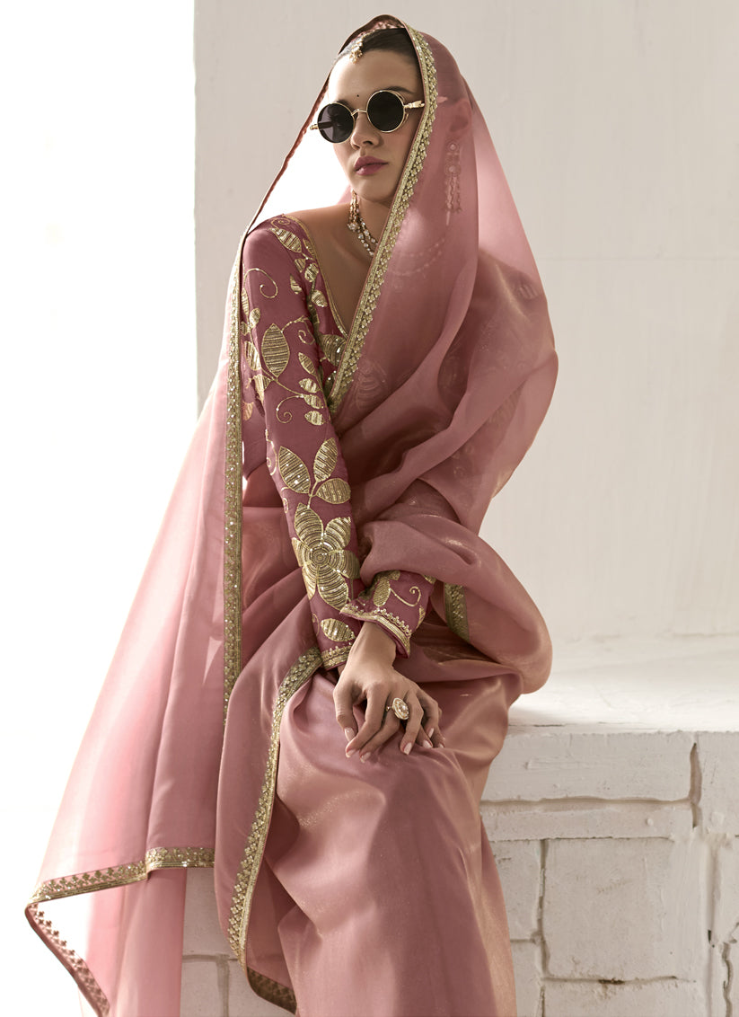 Lovely Old Rose Tissue Embroidered Designer Wedding Saree