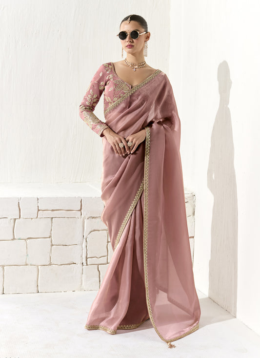 Lovely Old Rose Tissue Embroidered Designer Wedding Saree