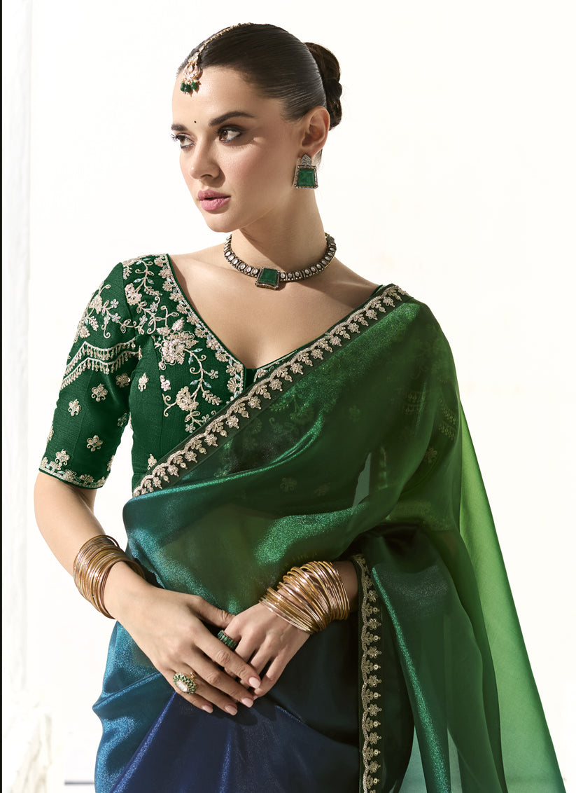 Awesome Emerald Green and Peacock Blue Tissue Embroidered Designer Wedding Saree