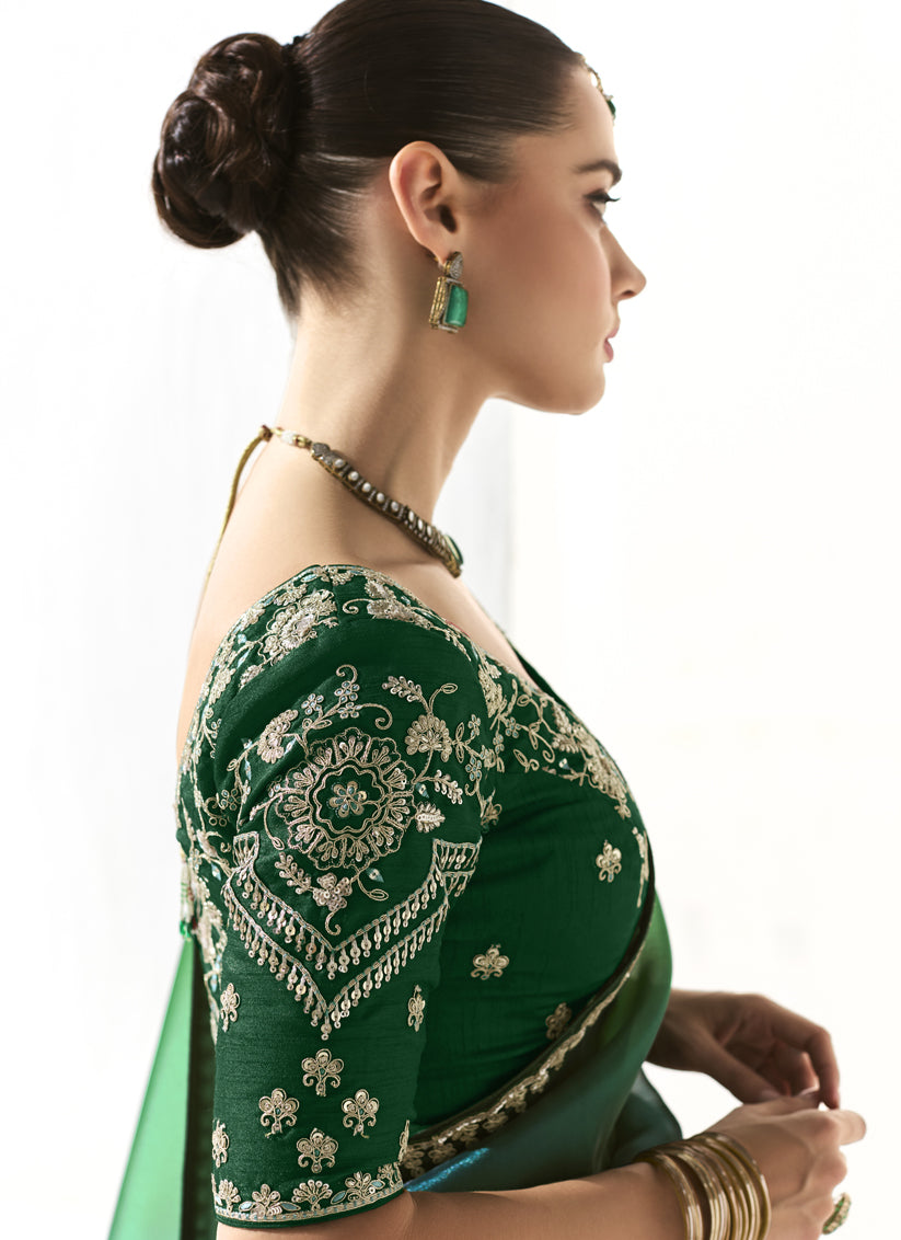 Awesome Emerald Green and Peacock Blue Tissue Embroidered Designer Wedding Saree