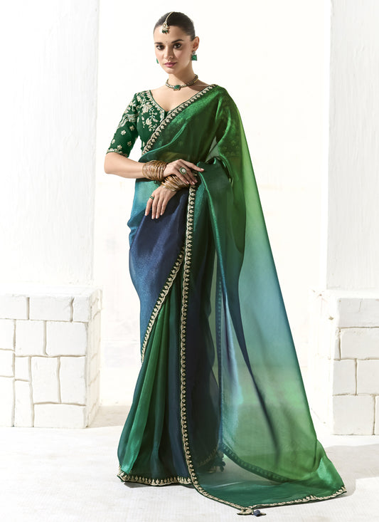 Awesome Emerald Green and Peacock Blue Tissue Embroidered Designer Wedding Saree