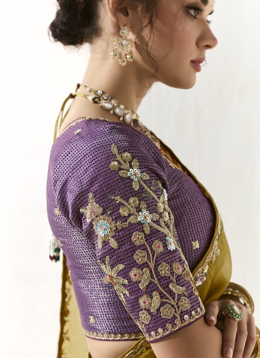 Glamorous Maize Yellow Tissue Embroidered Designer Wedding Saree