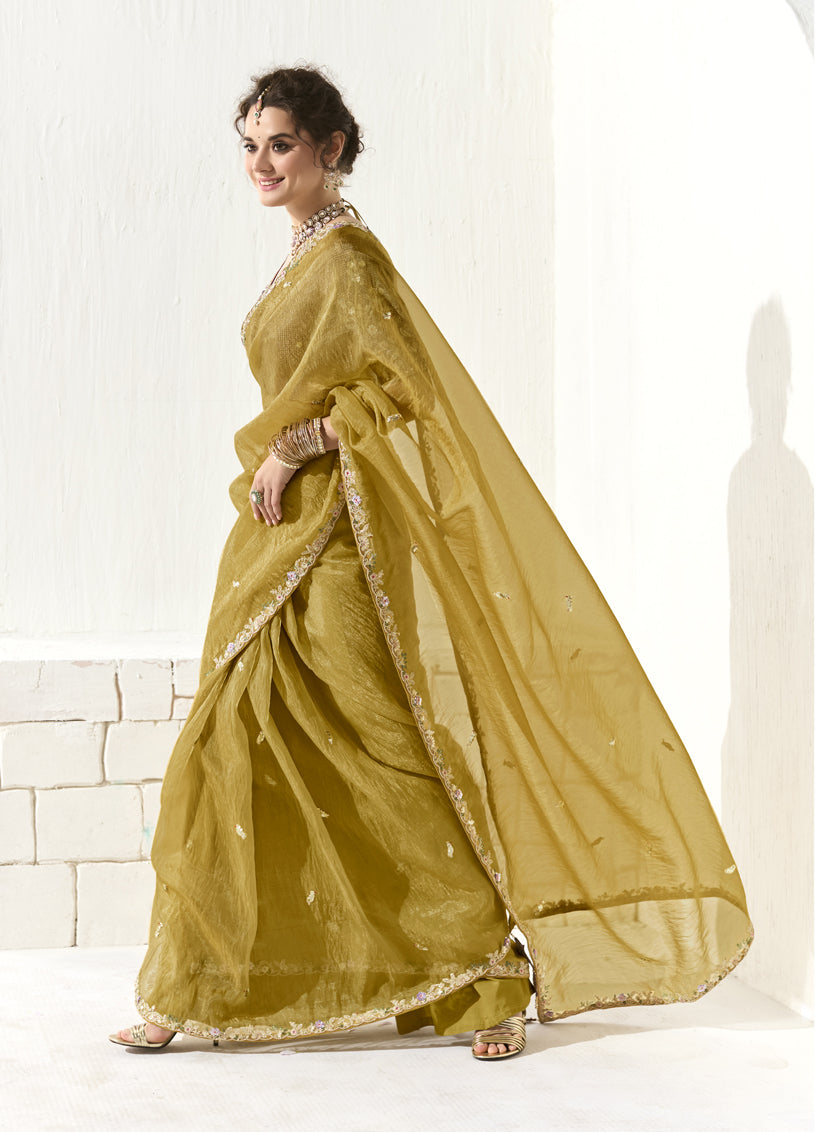 Glamorous Maize Yellow Tissue Embroidered Designer Wedding Saree