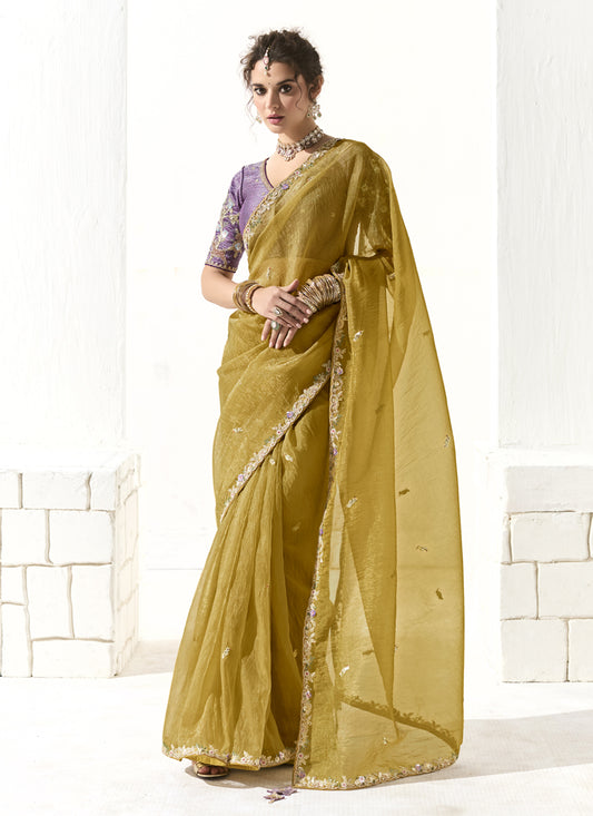 Glamorous Maize Yellow Tissue Embroidered Designer Wedding Saree