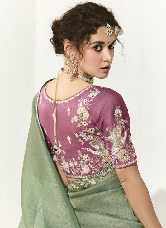 Marvelous Mint Green Tissue Embroidered Designer Wedding Saree