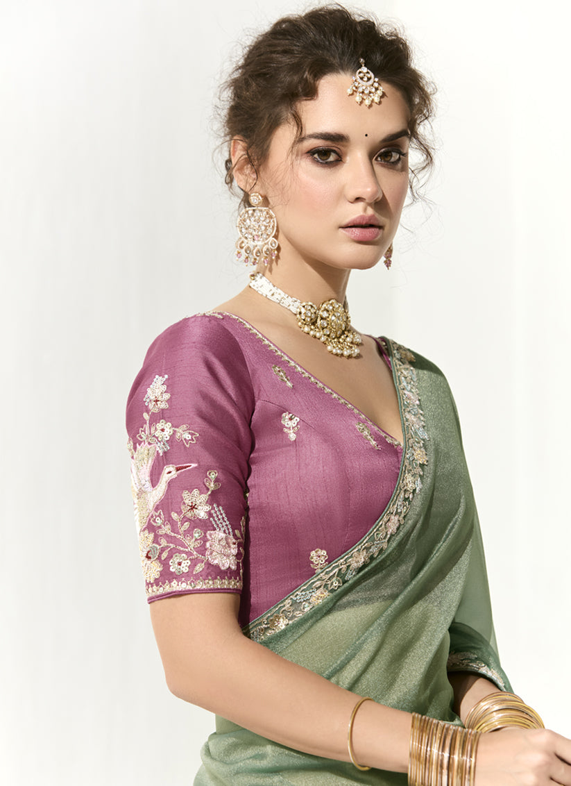 Marvelous Mint Green Tissue Embroidered Designer Wedding Saree