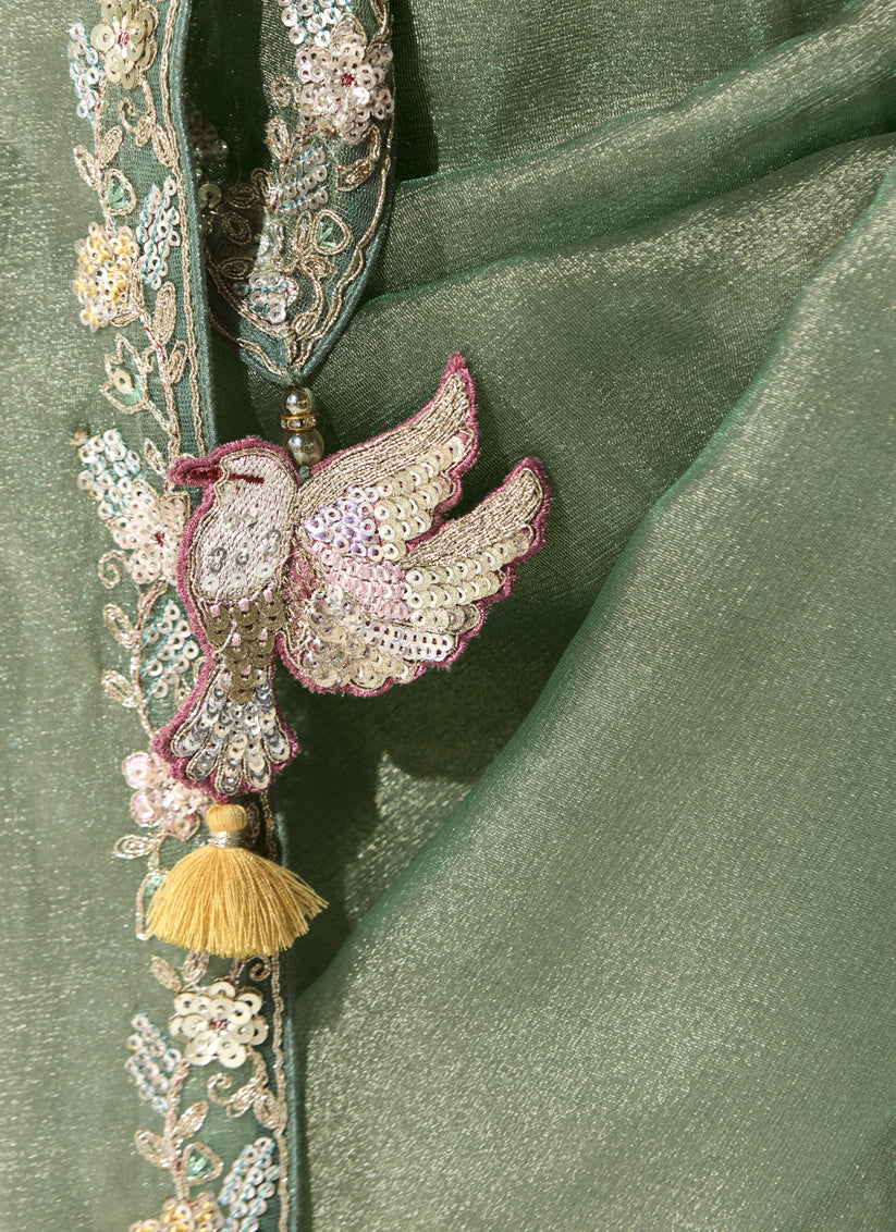 Marvelous Mint Green Tissue Embroidered Designer Wedding Saree
