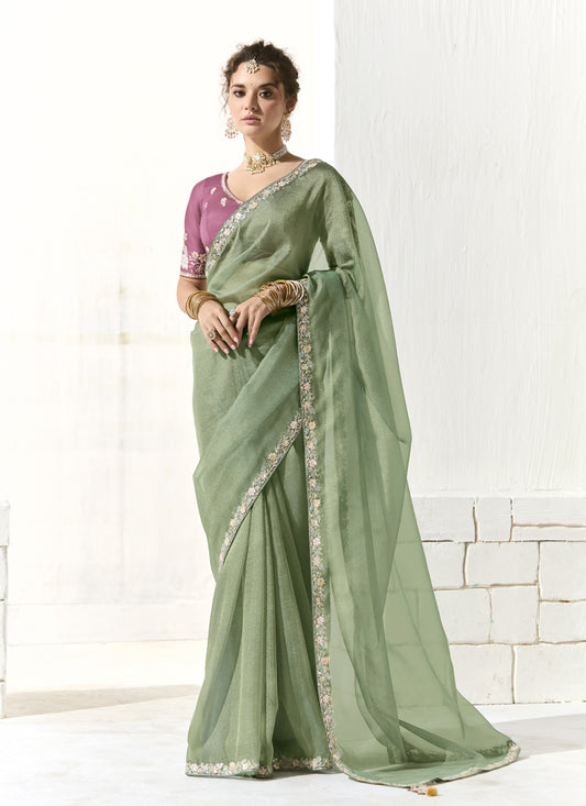 Marvelous Mint Green Tissue Embroidered Designer Wedding Saree