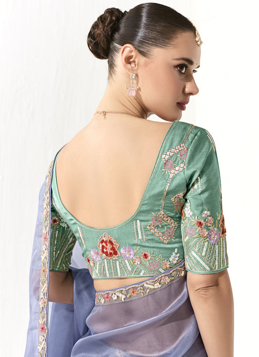 Stunning Periwinkle Tissue Embroidered Designer Wedding Saree