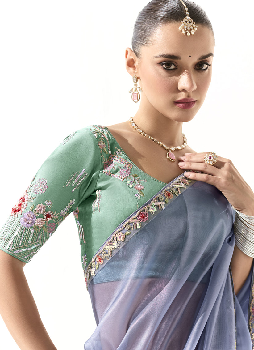 Stunning Periwinkle Tissue Embroidered Designer Wedding Saree