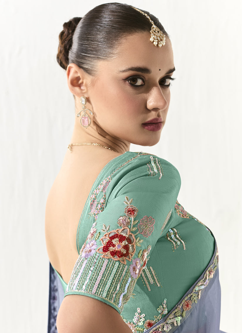 Stunning Periwinkle Tissue Embroidered Designer Wedding Saree