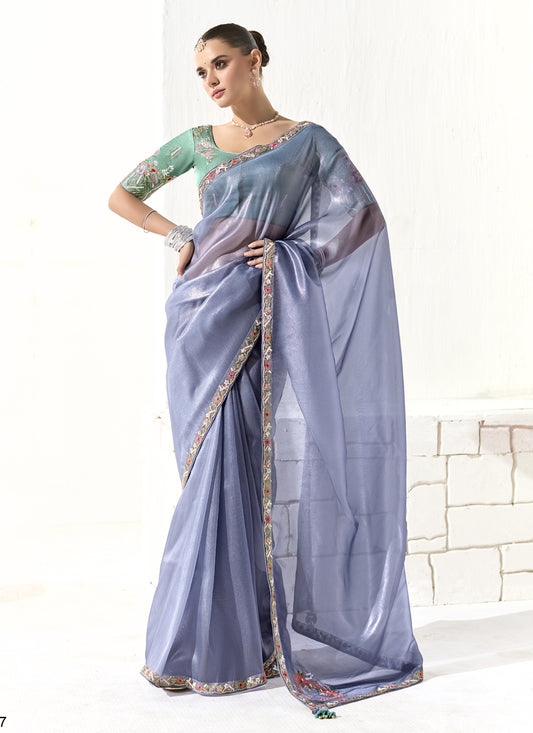 Stunning Periwinkle Tissue Embroidered Designer Wedding Saree