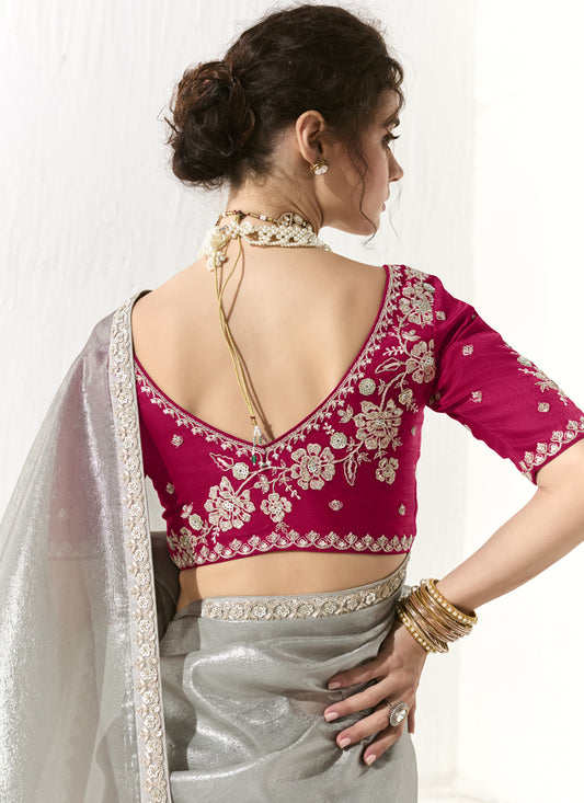 Wonderful Silver Tissue Embroidered Designer Wedding Saree