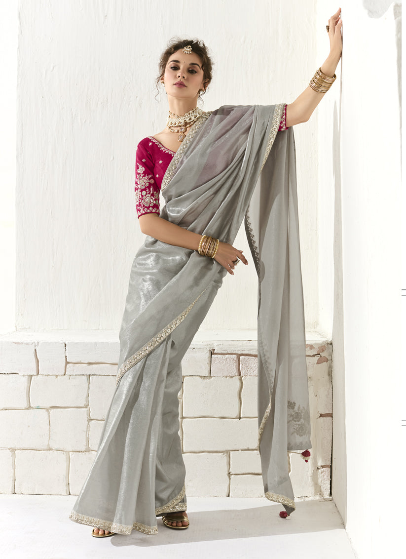 Wonderful Silver Tissue Embroidered Designer Wedding Saree