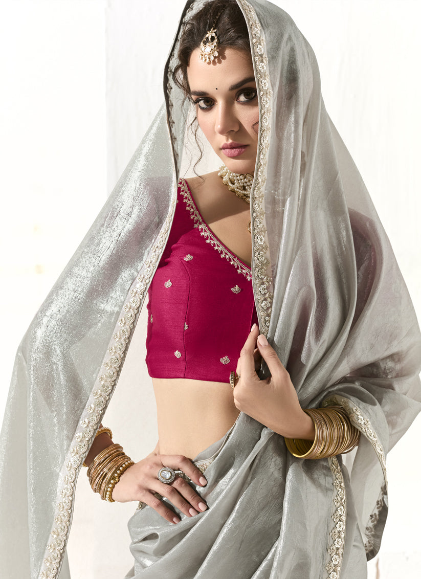 Wonderful Silver Tissue Embroidered Designer Wedding Saree