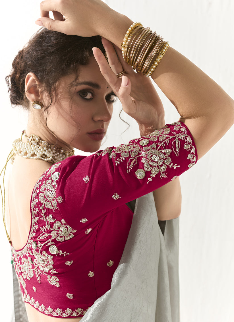 Wonderful Silver Tissue Embroidered Designer Wedding Saree