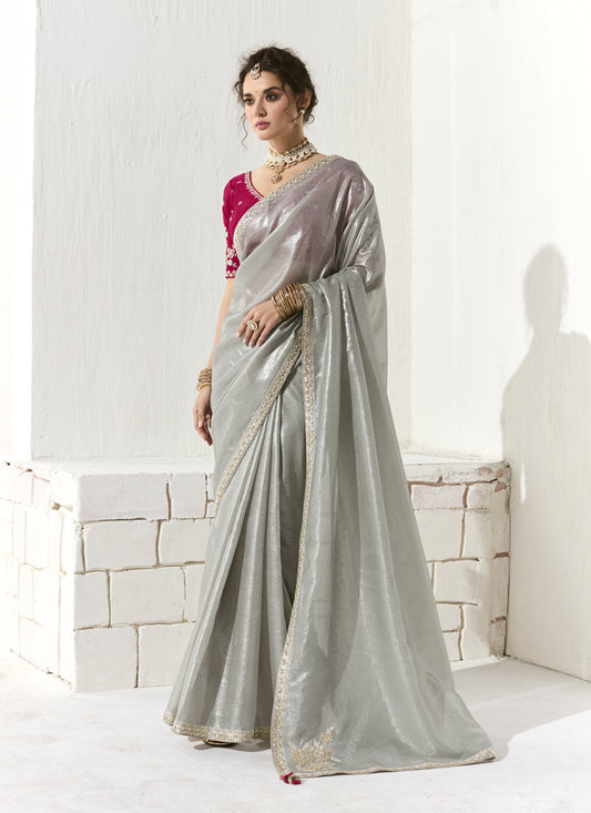 Wonderful Silver Tissue Embroidered Designer Wedding Saree