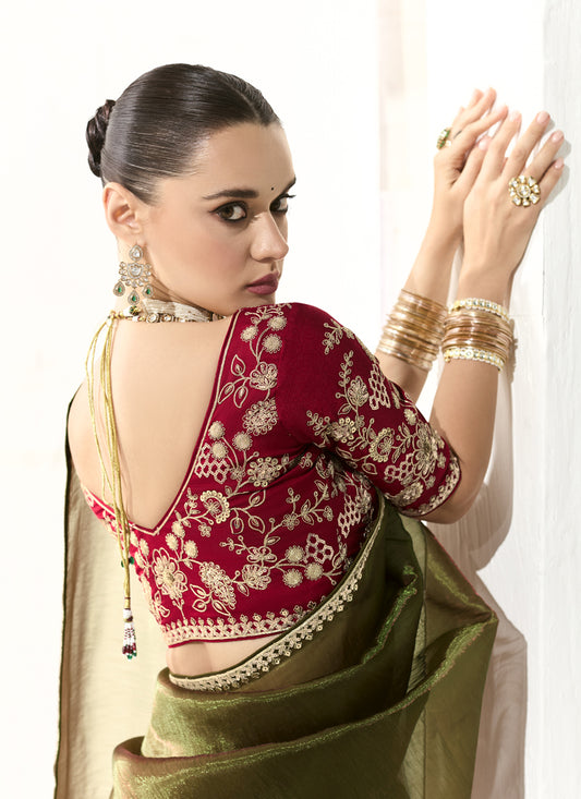 Gorgeous Mehendi Green Tissue Embroidered Designer Wedding Saree