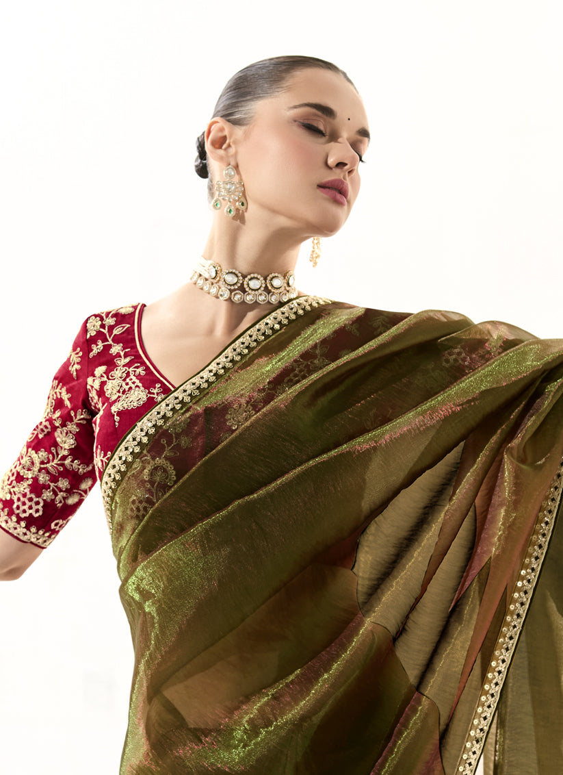 Gorgeous Mehendi Green Tissue Embroidered Designer Wedding Saree