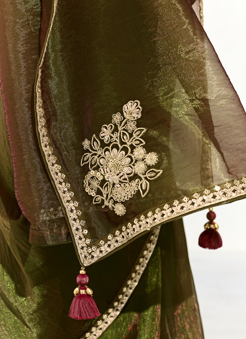 Gorgeous Mehendi Green Tissue Embroidered Designer Wedding Saree
