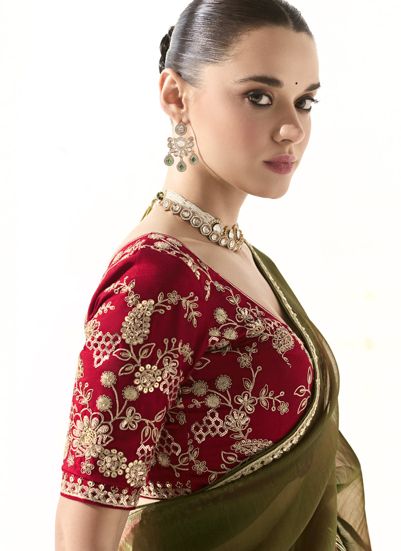 Gorgeous Mehendi Green Tissue Embroidered Designer Wedding Saree