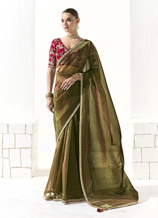 Gorgeous Mehendi Green Tissue Embroidered Designer Wedding Saree