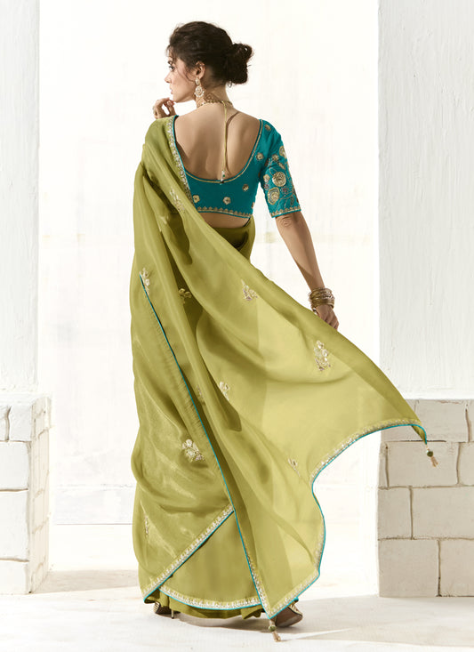 Unique Pistachio Green Tissue Embroidered Designer Wedding Saree