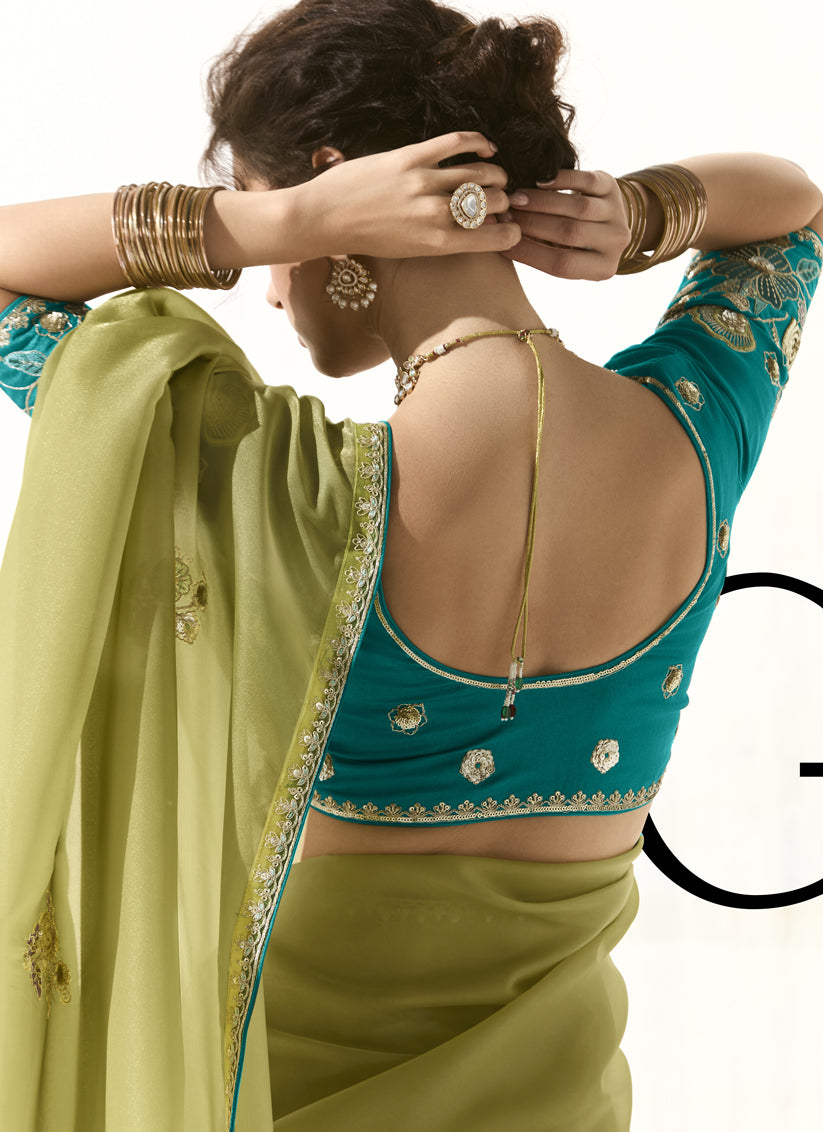 Unique Pistachio Green Tissue Embroidered Designer Wedding Saree