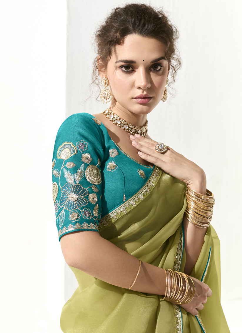 Unique Pistachio Green Tissue Embroidered Designer Wedding Saree