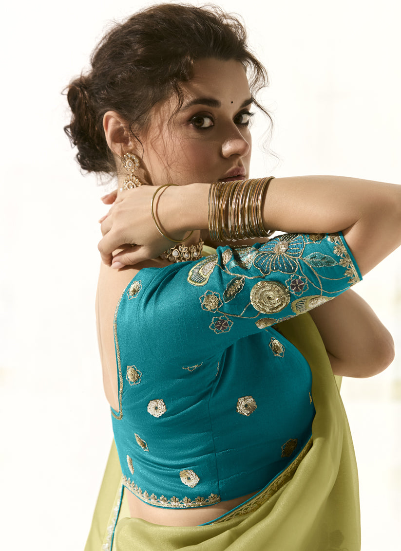 Unique Pistachio Green Tissue Embroidered Designer Wedding Saree