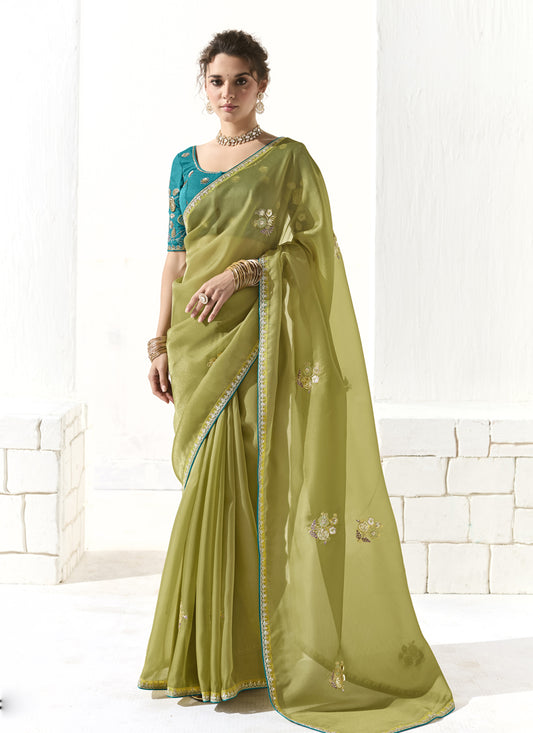 Unique Pistachio Green Tissue Embroidered Designer Wedding Saree