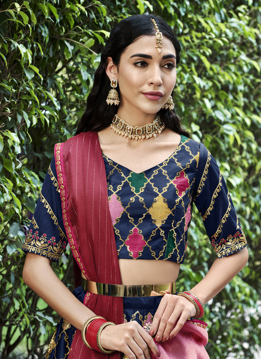 Incredible Navy Blue Silk Embroidered Designer Lehenga Choli