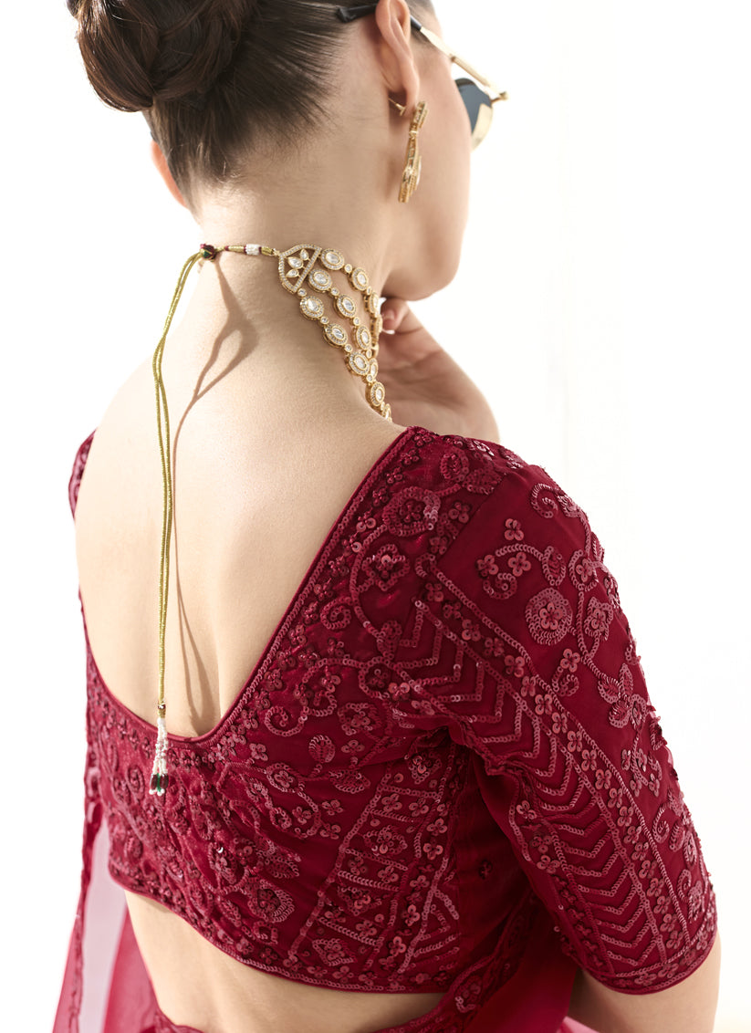 Incredible Cherry Red Tissue Embroidered Designer Wedding Saree