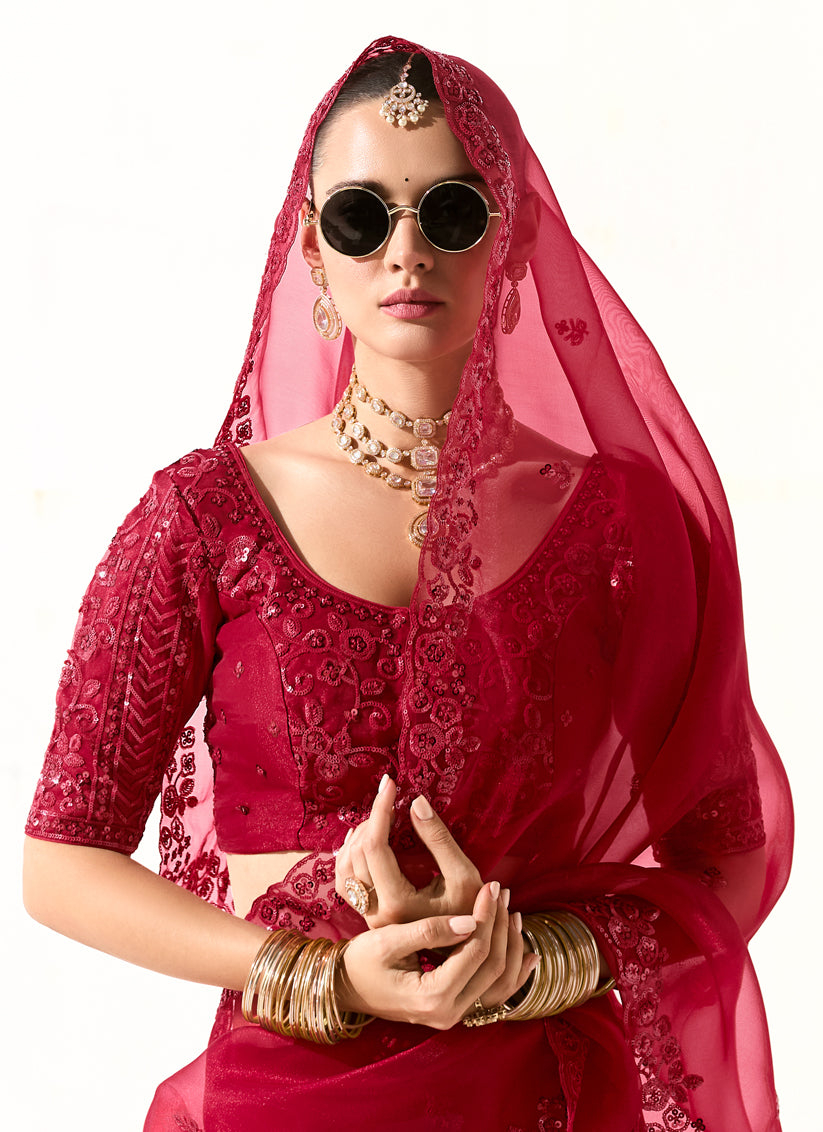 Incredible Cherry Red Tissue Embroidered Designer Wedding Saree