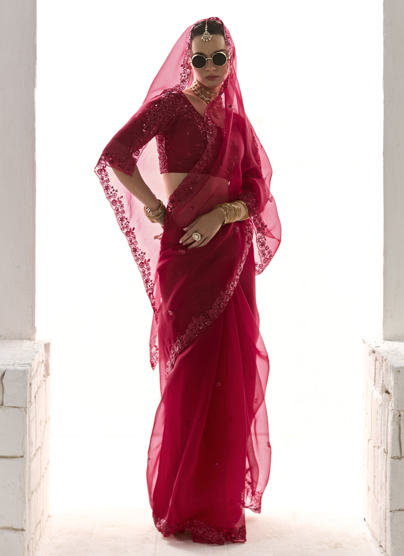 Incredible Cherry Red Tissue Embroidered Designer Wedding Saree