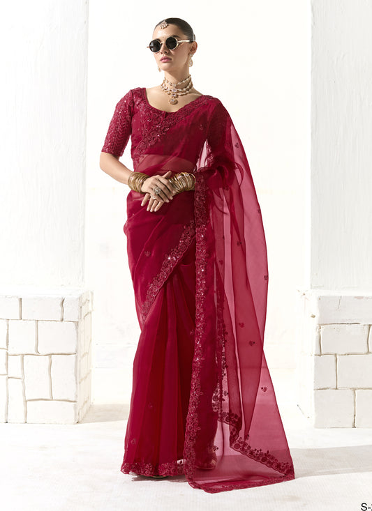 Incredible Cherry Red Tissue Embroidered Designer Wedding Saree