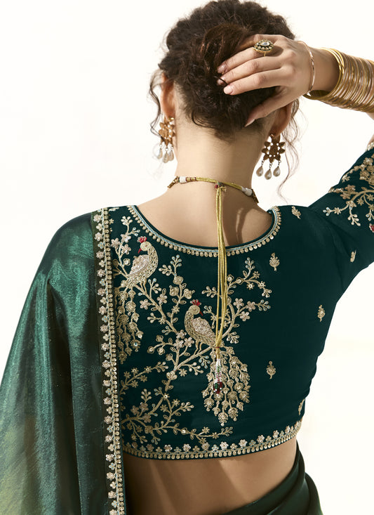 Spectacular Pine Green and Mehendi Green Tissue Embroidered Designer Wedding Saree