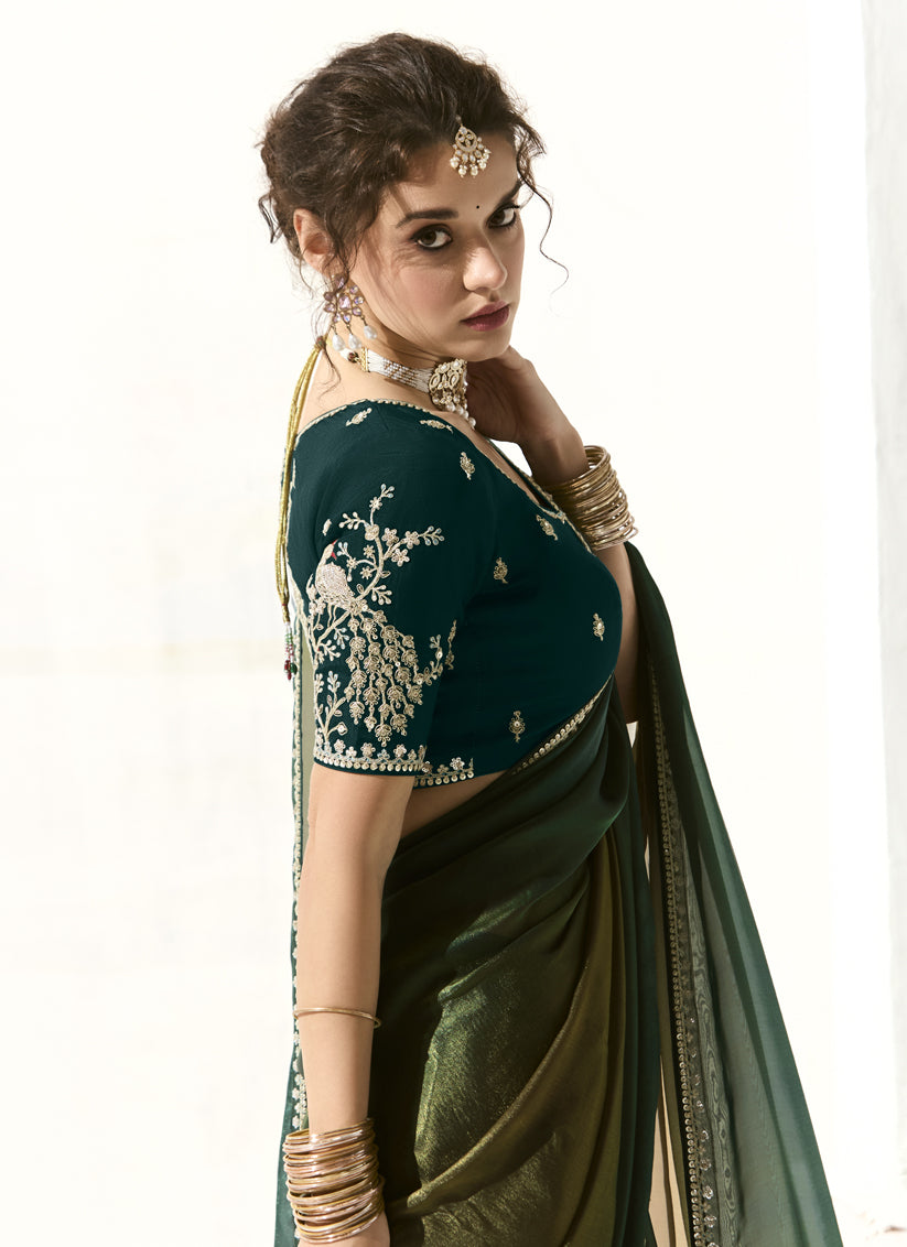 Spectacular Pine Green and Mehendi Green Tissue Embroidered Designer Wedding Saree