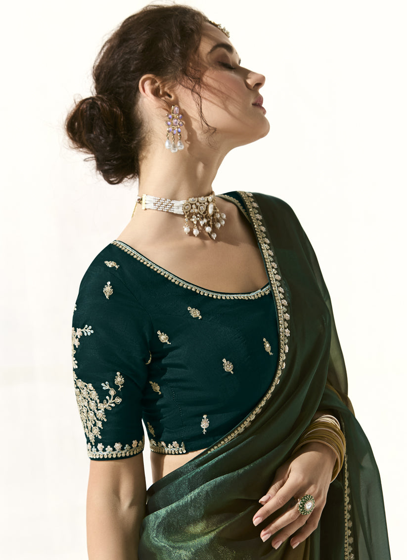 Spectacular Pine Green and Mehendi Green Tissue Embroidered Designer Wedding Saree