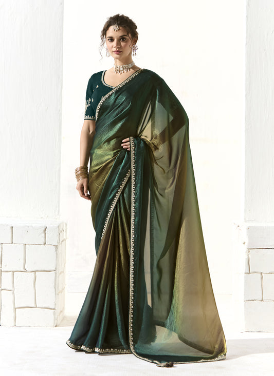Spectacular Pine Green and Mehendi Green Tissue Embroidered Designer Wedding Saree