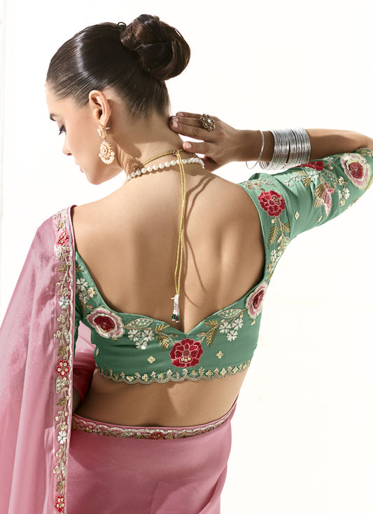 Delightful Carnation Pink Tissue Embroidered Designer Wedding Saree