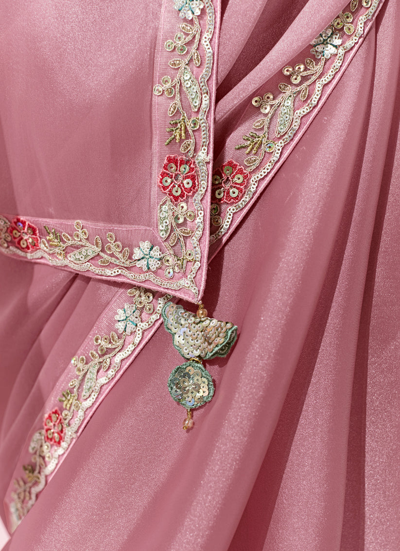 Delightful Carnation Pink Tissue Embroidered Designer Wedding Saree