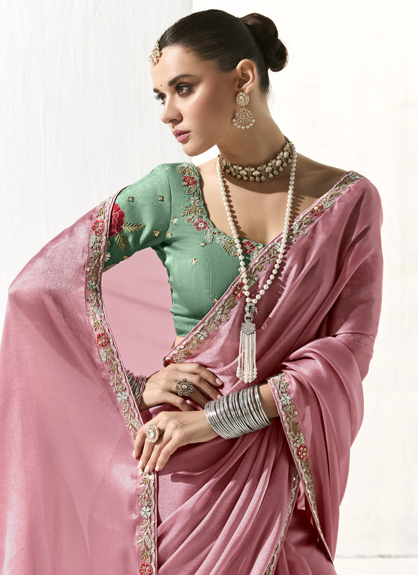 Delightful Carnation Pink Tissue Embroidered Designer Wedding Saree