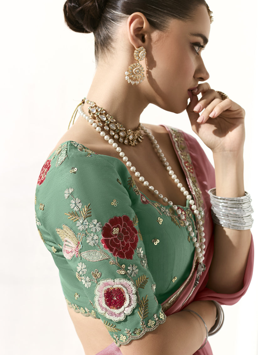 Delightful Carnation Pink Tissue Embroidered Designer Wedding Saree