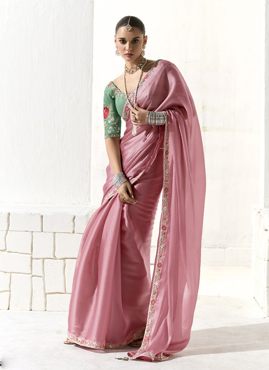 Delightful Carnation Pink Tissue Embroidered Designer Wedding Saree