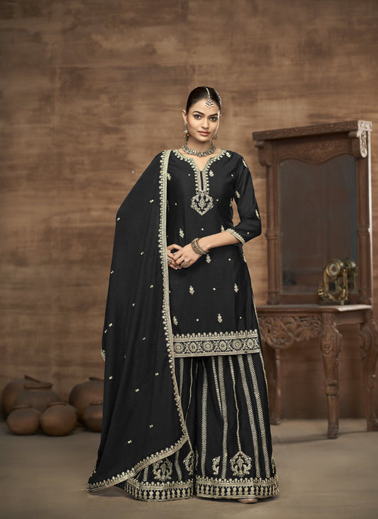 black chinnon silk embroidered readymade palazzo kameez