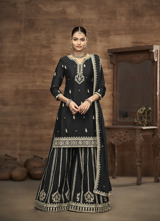 black chinnon silk embroidered readymade palazzo kameez