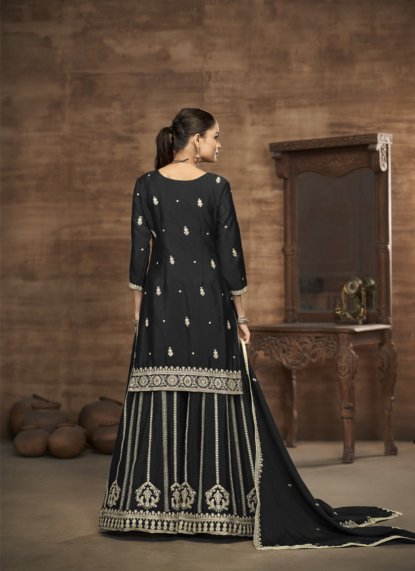 black chinnon silk embroidered readymade palazzo kameez
