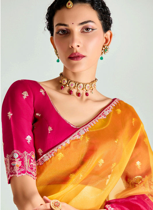 Beautiful Golden Yellow and Hot Pink Organza Tissue Embroidered Designer Wedding Saree