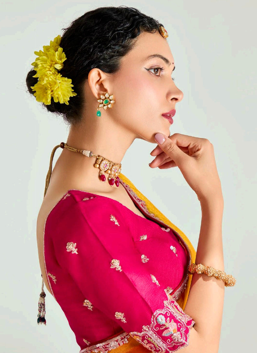 Beautiful Golden Yellow and Hot Pink Organza Tissue Embroidered Designer Wedding Saree